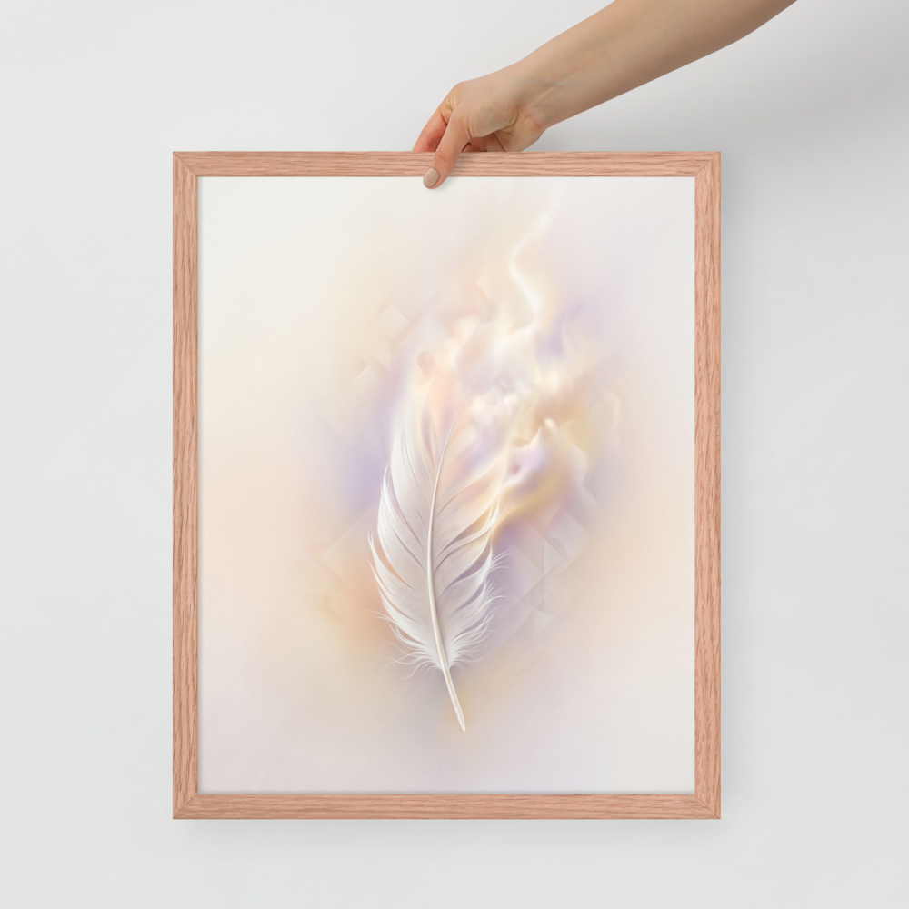 'Ethereal Plume' — a Abstract art print. A single white feather seemingly floating against a soft, luminous background of pastel orange and purple with faint geometric patterns, perfect for a peaceful bedroom.