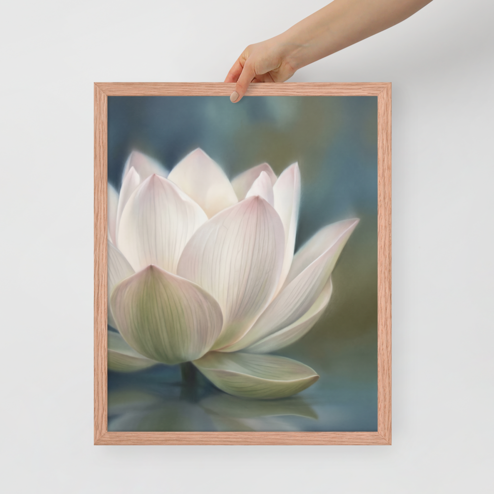 'Serene Lotus Reflection' — a Realism print. A soft, close-up painting of a pale pink and white lotus flower floating on calm, muted blue water, reflecting gently on the surface, suitable for a calm bathroom or living room.