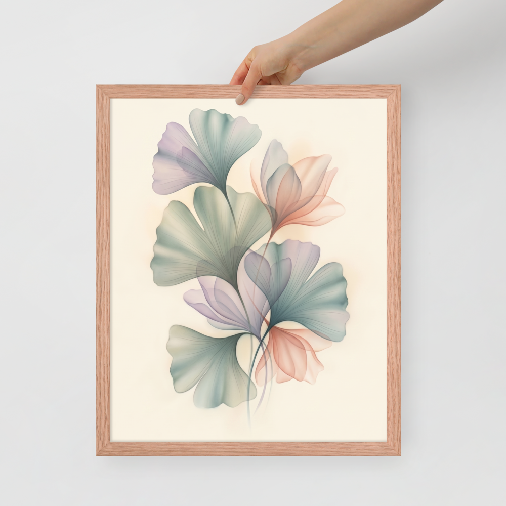 'Ethereal Ginkgo Whispers' — a Abstract art print. An elegant, translucent Airbrush illustration of ginkgo leaves overlapping in soft pastel colors, perfect for a peaceful Bedroom.