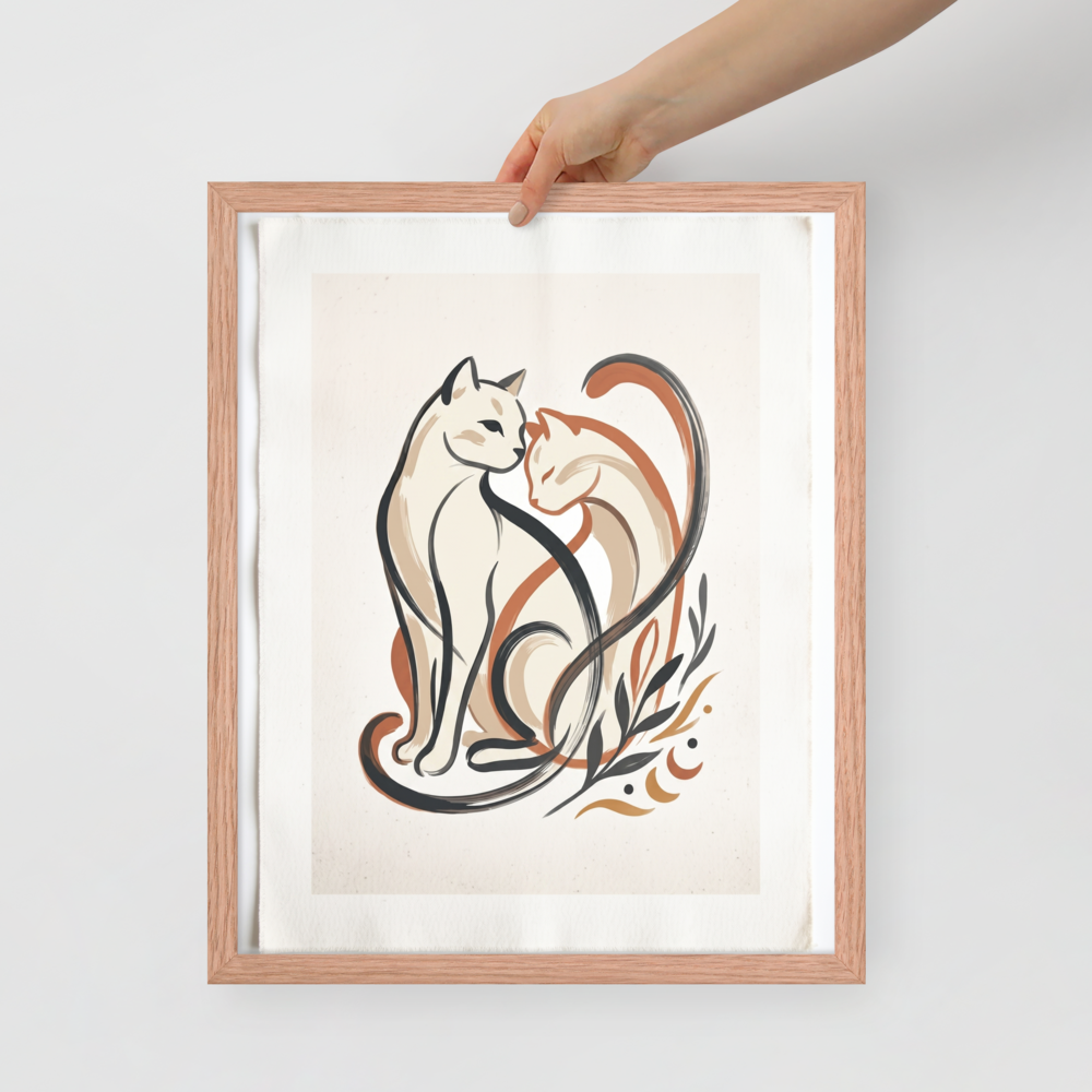 'Feline Affection' — a Minimalism,Abstract art print. A minimalist vector illustration of two cats intertwining lovingly in warm tones of cream, burnt orange, and dark charcoal, accompanied by simple botanical leaf motifs. Ideal for a cozy Nursery or Living Room.