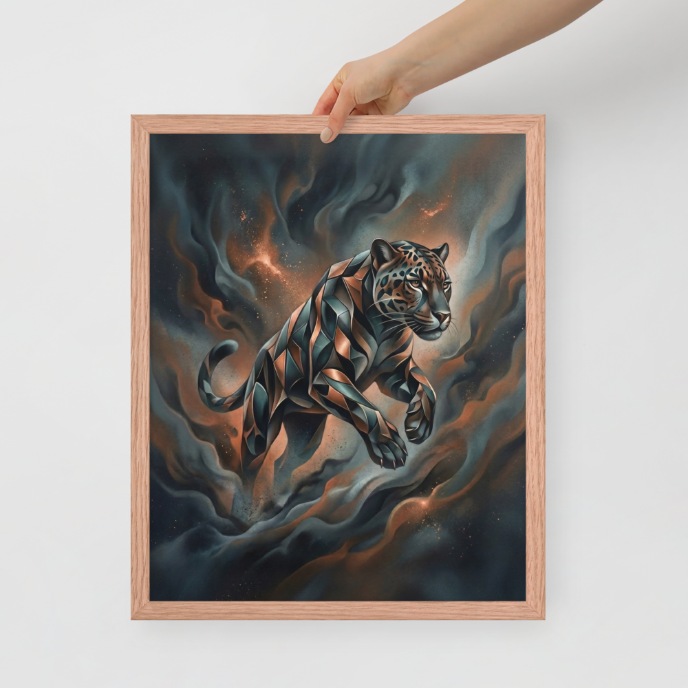 'Phantom Leap' — a Digital art print. A sleek, geometric panther leaping through dark teal and brown smoke in a modern digital art style, ideal for a living room.