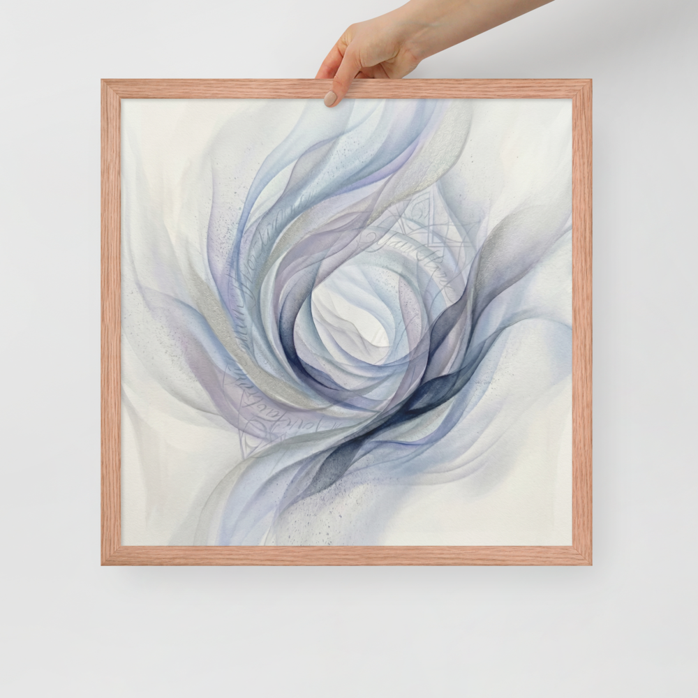 'Ethereal Whispers in the Vortex' — a Abstract art print. An abstract painting featuring swirling smoky ribbons of lavender, grey, and deep blue circling a bright white center, with faint cursive writing and patterns in the background.