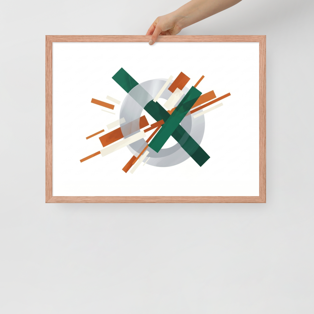 'Intersecting Perspectives' — a Suprematism print. An abstract painting of intersecting green and brown rectangular bars laid over a translucent gray circle, ideal for a modern Office.