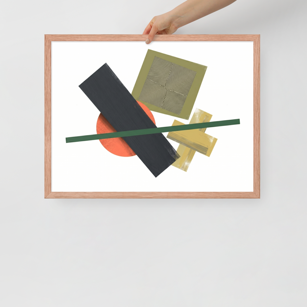 'The Geometry of Sound' — a Suprematism print. An abstract painting featuring a black rectangle, an orange circle, a green diagonal line, and a square with wavy lines, a unique focal point for a Studio.