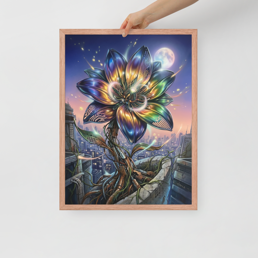 'Cybernetic Bloom' — a Digital art print. A large, glowing cybernetic flower with metallic petals and circuitry blooming out of concrete ruins in a futuristic city, perfect for a Game Room.