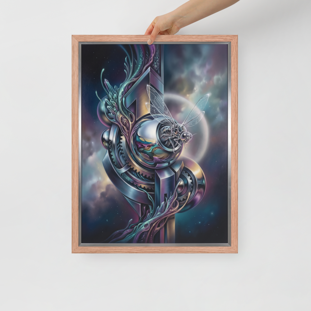 'The Clockwork Aviator' — a Surrealism print. A detailed mechanical insect with translucent wings perched on complex metallic gears floating in a colorful starry sky, an ideal piece for an Office.