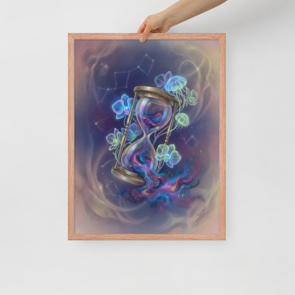 'Sands of the Nebula' — a Magic realism print. A magical brass hourglass filled with a swirling galaxy, surrounded by glowing orchids and jellyfish in a starry sky, ideal for a Bedroom.
