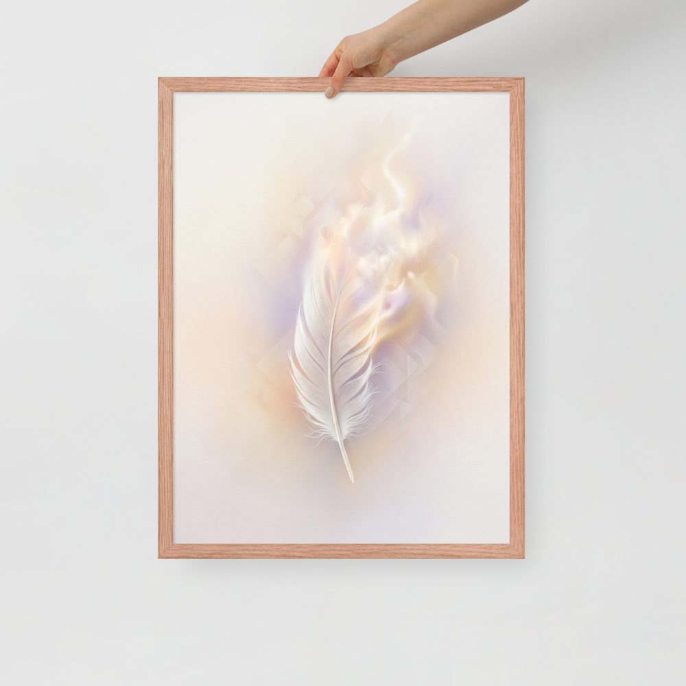 'Ethereal Plume' — a Abstract art print. A single white feather seemingly floating against a soft, luminous background of pastel orange and purple with faint geometric patterns, perfect for a peaceful bedroom.