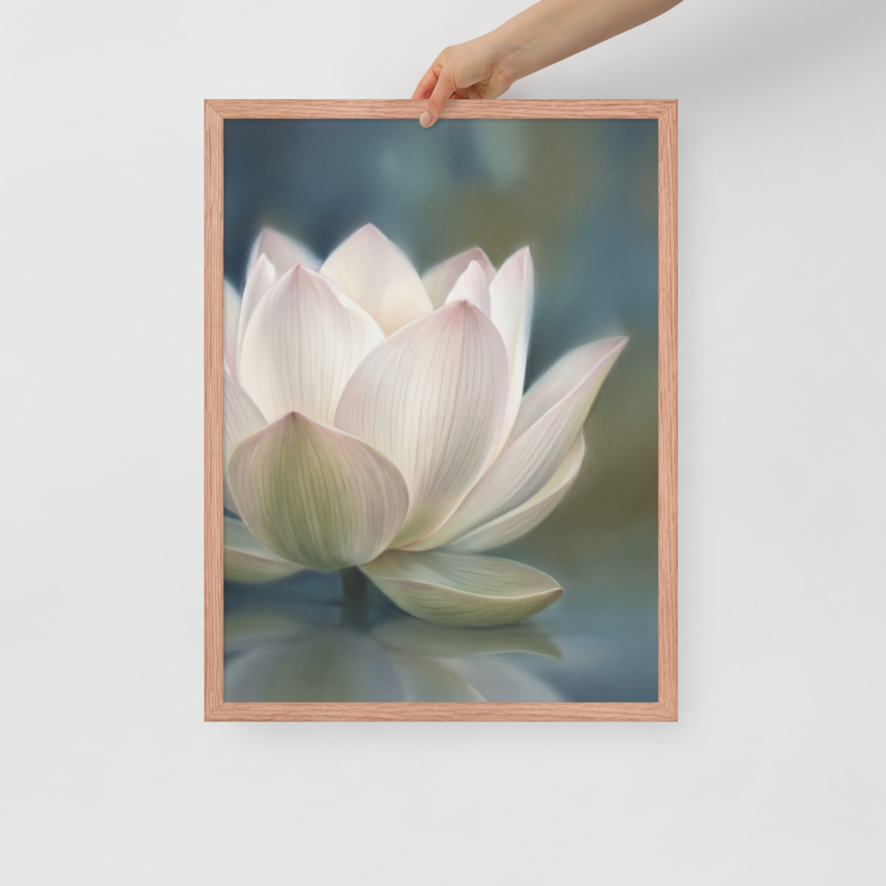 'Serene Lotus Reflection' — a Realism print. A soft, close-up painting of a pale pink and white lotus flower floating on calm, muted blue water, reflecting gently on the surface, suitable for a calm bathroom or living room.