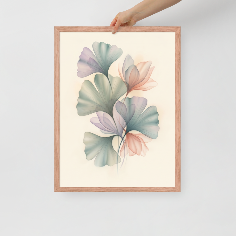 'Ethereal Ginkgo Whispers' — a Abstract art print. An elegant, translucent Airbrush illustration of ginkgo leaves overlapping in soft pastel colors, perfect for a peaceful Bedroom.