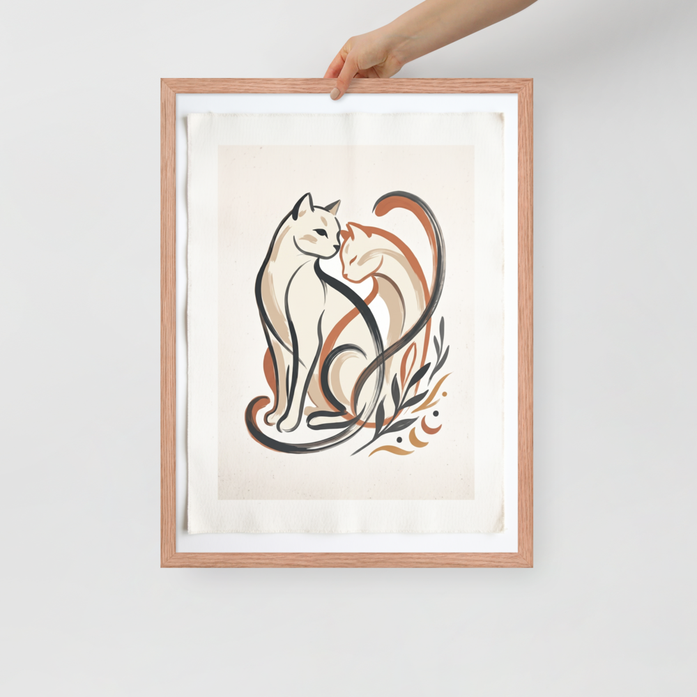'Feline Affection' — a Minimalism,Abstract art print. A minimalist vector illustration of two cats intertwining lovingly in warm tones of cream, burnt orange, and dark charcoal, accompanied by simple botanical leaf motifs. Ideal for a cozy Nursery or Living Room.