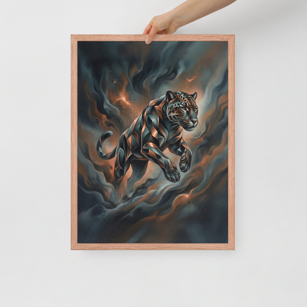 'Phantom Leap' — a Digital art print. A sleek, geometric panther leaping through dark teal and brown smoke in a modern digital art style, ideal for a living room.