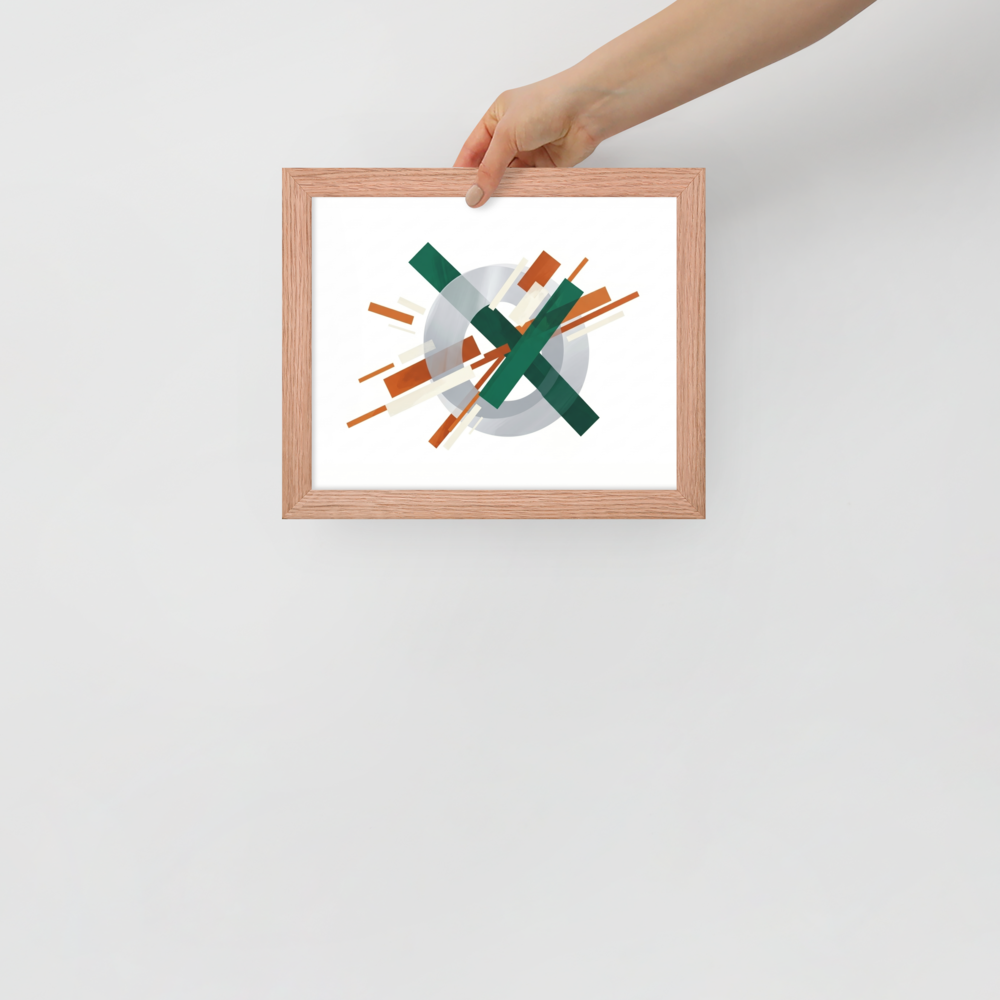 'Intersecting Perspectives' — a Suprematism print. An abstract painting of intersecting green and brown rectangular bars laid over a translucent gray circle, ideal for a modern Office.