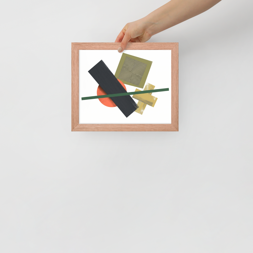 'The Geometry of Sound' — a Suprematism print. An abstract painting featuring a black rectangle, an orange circle, a green diagonal line, and a square with wavy lines, a unique focal point for a Studio.