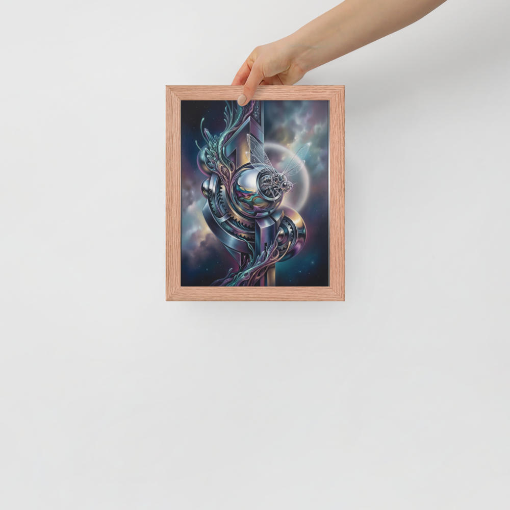 'The Clockwork Aviator' — a Surrealism print. A detailed mechanical insect with translucent wings perched on complex metallic gears floating in a colorful starry sky, an ideal piece for an Office.