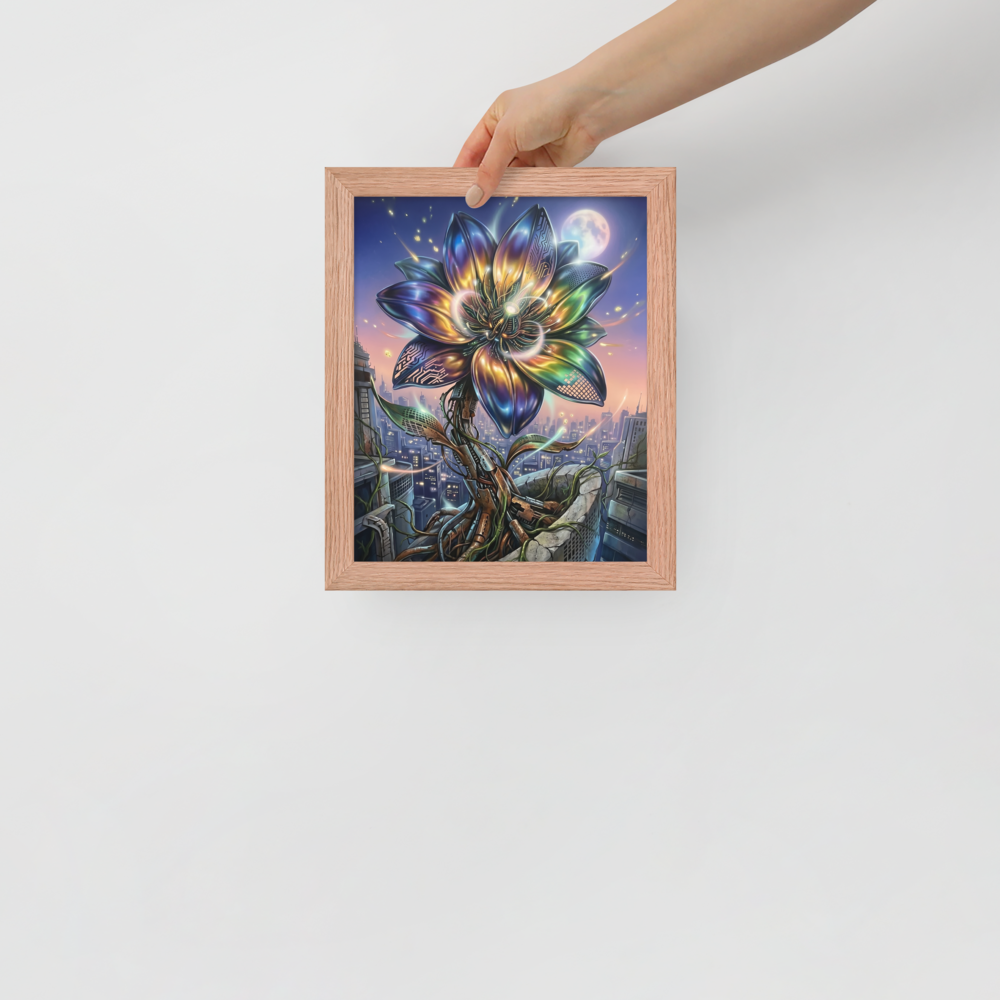 'Cybernetic Bloom' — a Digital art print. A large, glowing cybernetic flower with metallic petals and circuitry blooming out of concrete ruins in a futuristic city, perfect for a Game Room.