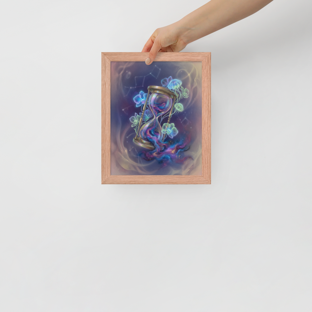 'Sands of the Nebula' — a Magic realism print. A magical brass hourglass filled with a swirling galaxy, surrounded by glowing orchids and jellyfish in a starry sky, ideal for a Bedroom.