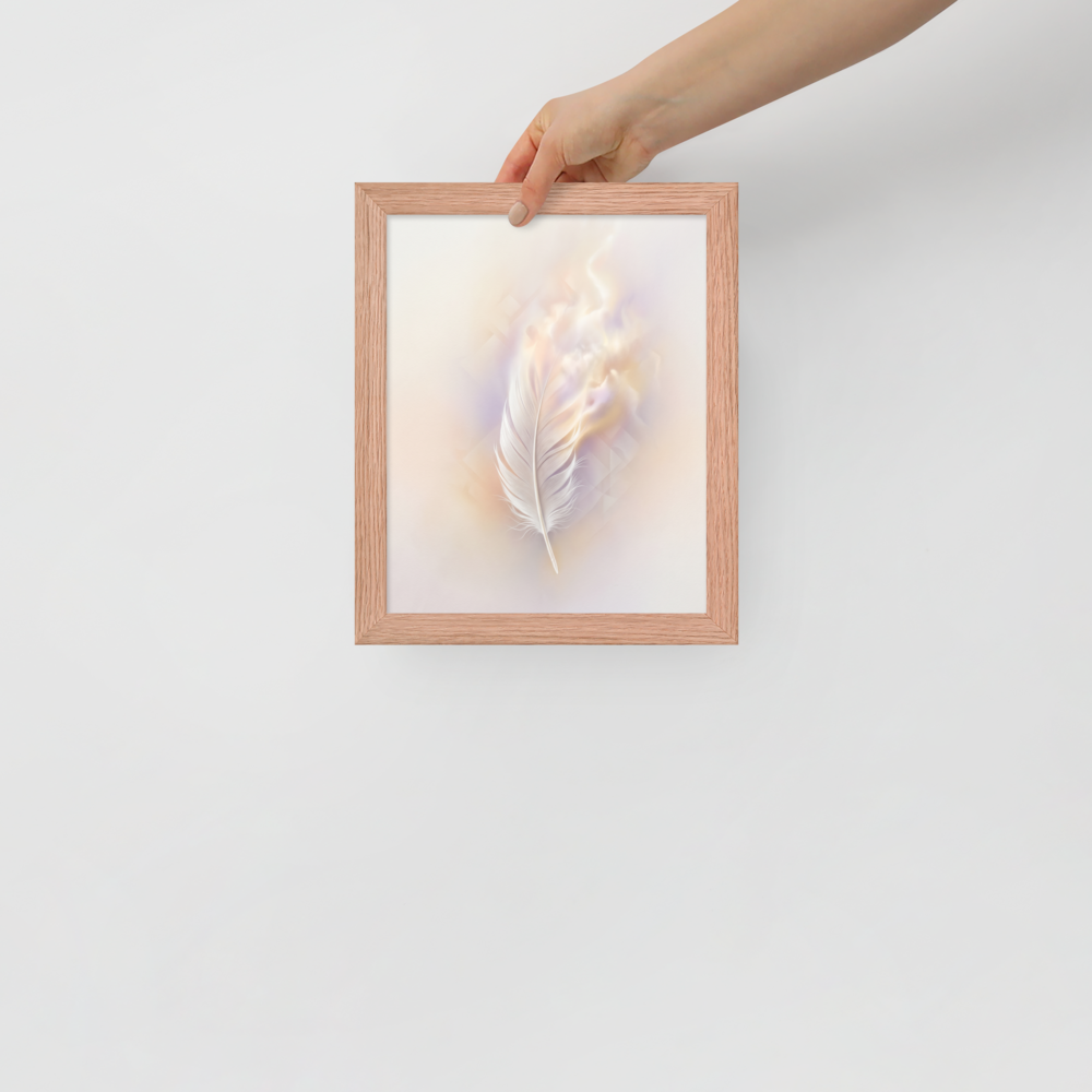 'Ethereal Plume' — a Abstract art print. A single white feather seemingly floating against a soft, luminous background of pastel orange and purple with faint geometric patterns, perfect for a peaceful bedroom.