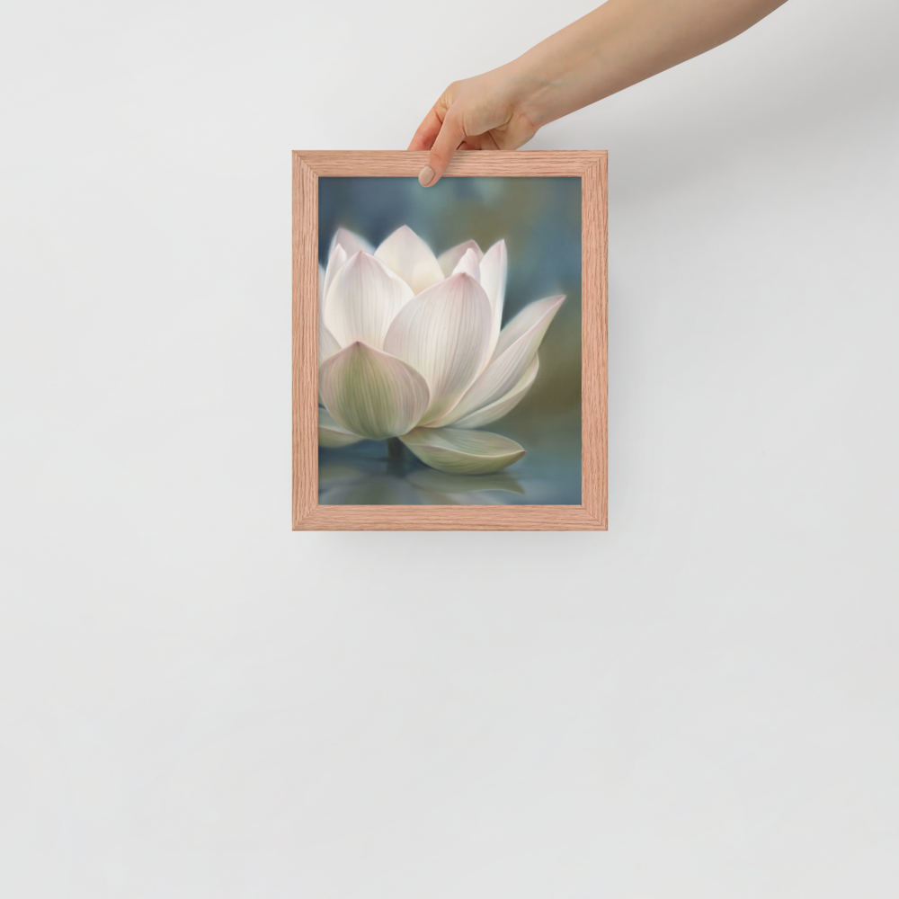 'Serene Lotus Reflection' — a Realism print. A soft, close-up painting of a pale pink and white lotus flower floating on calm, muted blue water, reflecting gently on the surface, suitable for a calm bathroom or living room.
