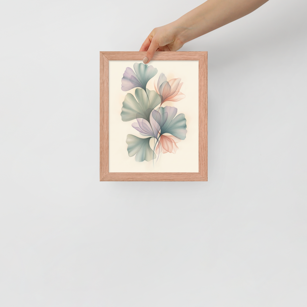 'Ethereal Ginkgo Whispers' — a Abstract art print. An elegant, translucent Airbrush illustration of ginkgo leaves overlapping in soft pastel colors, perfect for a peaceful Bedroom.