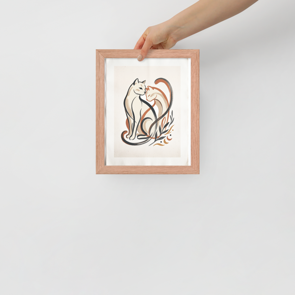 'Feline Affection' — a Minimalism,Abstract art print. A minimalist vector illustration of two cats intertwining lovingly in warm tones of cream, burnt orange, and dark charcoal, accompanied by simple botanical leaf motifs. Ideal for a cozy Nursery or Living Room.