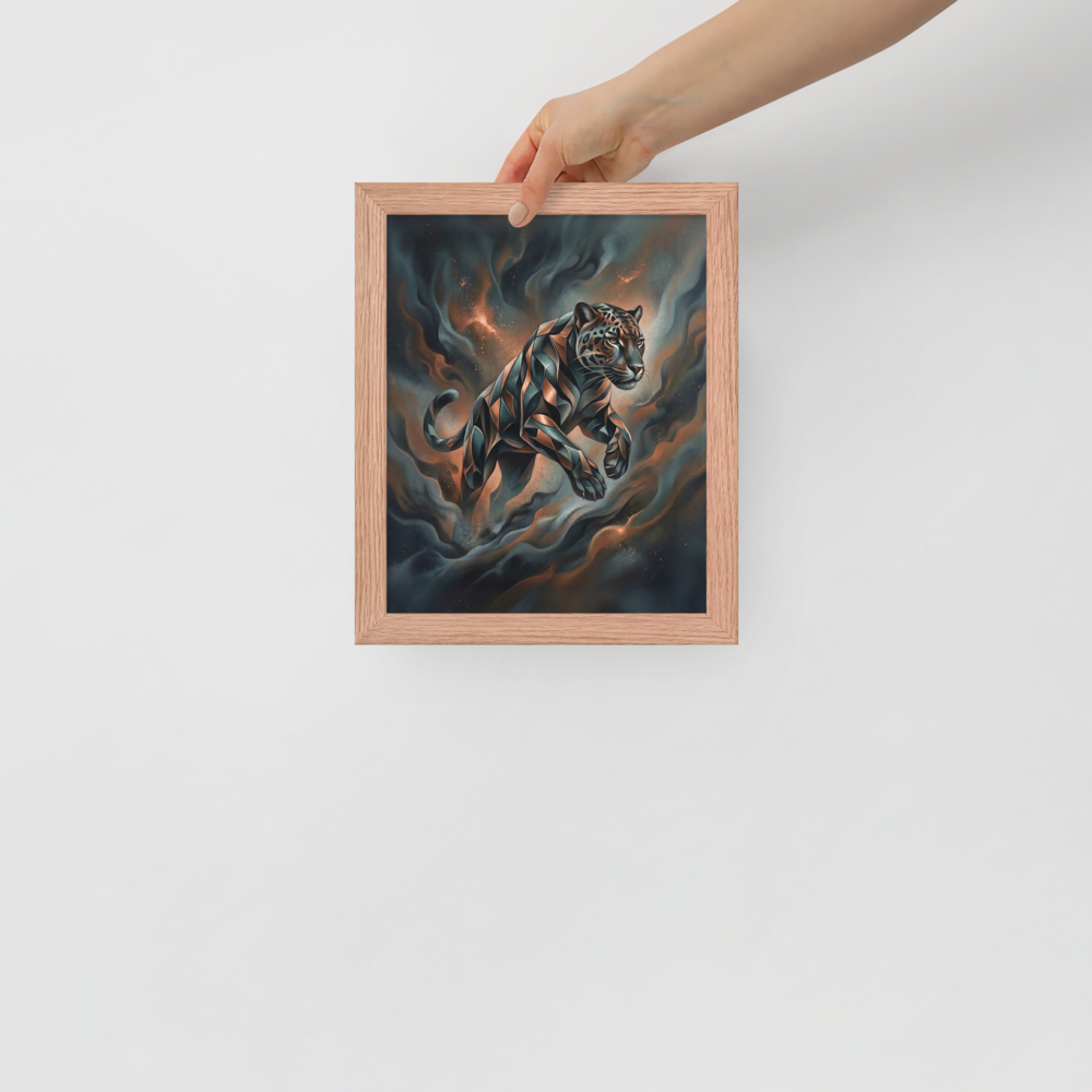 'Phantom Leap' — a Digital art print. A sleek, geometric panther leaping through dark teal and brown smoke in a modern digital art style, ideal for a living room.