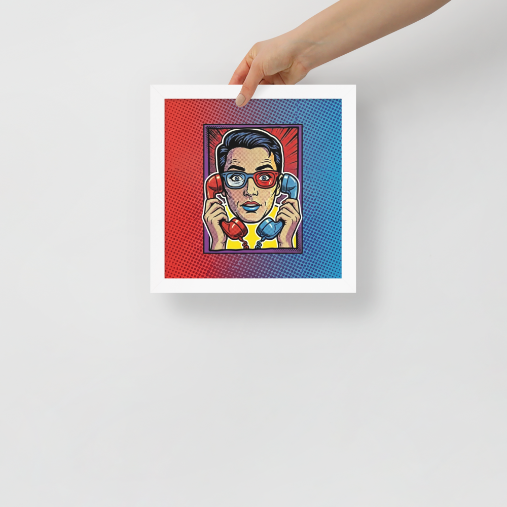 'Bipartisan Static' — a Pop art print. A pop art illustration of a confused woman wearing red and blue 3D glasses, holding a red telephone receiver to one ear and a blue one to the other, set against a red and blue halftone gradient, ideal for a Living Room.