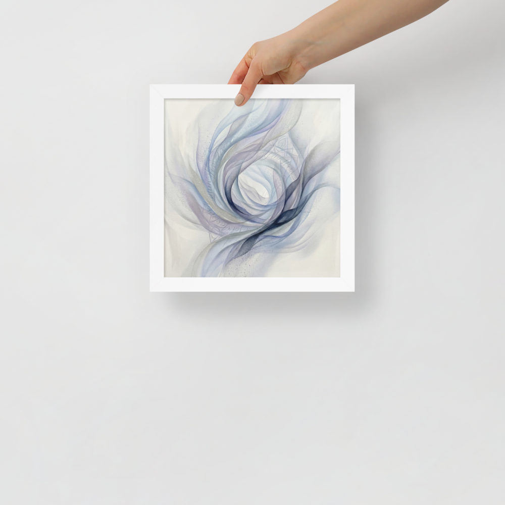 'Ethereal Whispers in the Vortex' — a Abstract art print. An abstract painting featuring swirling smoky ribbons of lavender, grey, and deep blue circling a bright white center, with faint cursive writing and patterns in the background.