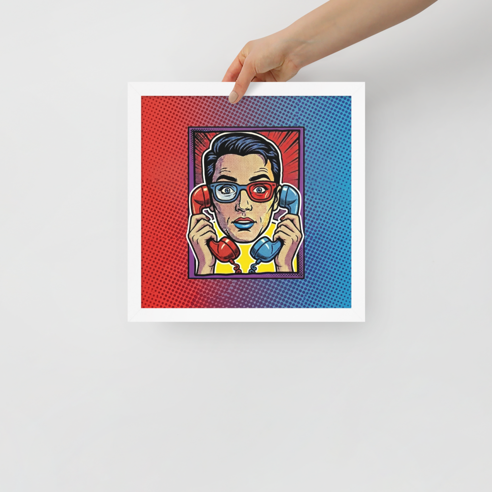 'Bipartisan Static' — a Pop art print. A pop art illustration of a confused woman wearing red and blue 3D glasses, holding a red telephone receiver to one ear and a blue one to the other, set against a red and blue halftone gradient, ideal for a Living Room.