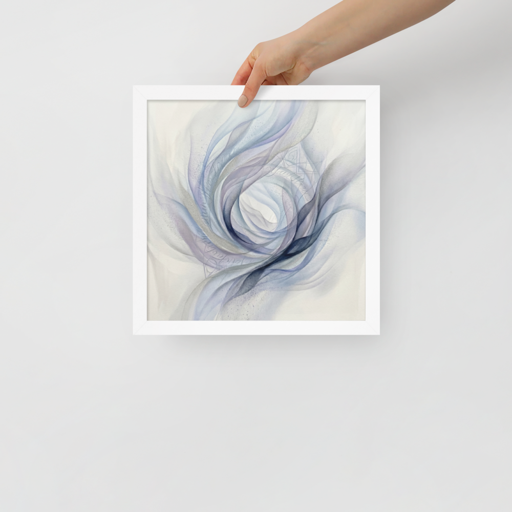'Ethereal Whispers in the Vortex' — a Abstract art print. An abstract painting featuring swirling smoky ribbons of lavender, grey, and deep blue circling a bright white center, with faint cursive writing and patterns in the background.