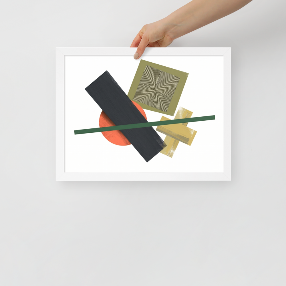 'The Geometry of Sound' — a Suprematism print. An abstract painting featuring a black rectangle, an orange circle, a green diagonal line, and a square with wavy lines, a unique focal point for a Studio.