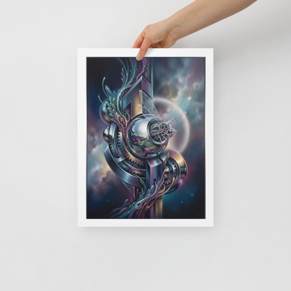 'The Clockwork Aviator' — a Surrealism print. A detailed mechanical insect with translucent wings perched on complex metallic gears floating in a colorful starry sky, an ideal piece for an Office.