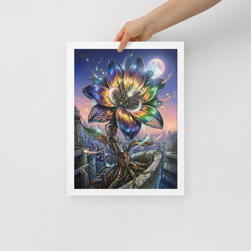 'Cybernetic Bloom' — a Digital art print. A large, glowing cybernetic flower with metallic petals and circuitry blooming out of concrete ruins in a futuristic city, perfect for a Game Room.