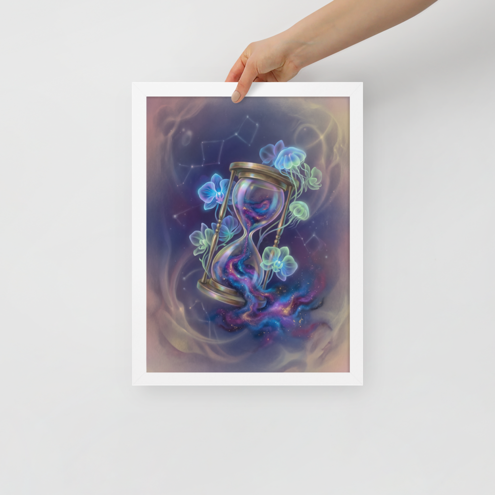 'Sands of the Nebula' — a Magic realism print. A magical brass hourglass filled with a swirling galaxy, surrounded by glowing orchids and jellyfish in a starry sky, ideal for a Bedroom.