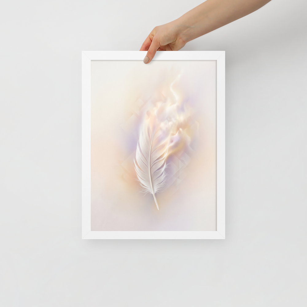 'Ethereal Plume' — a Abstract art print. A single white feather seemingly floating against a soft, luminous background of pastel orange and purple with faint geometric patterns, perfect for a peaceful bedroom.