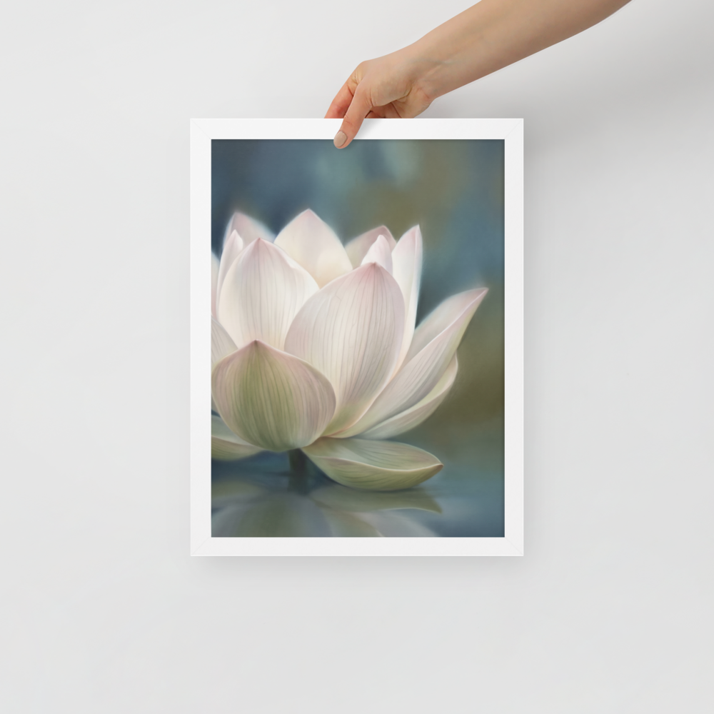 'Serene Lotus Reflection' — a Realism print. A soft, close-up painting of a pale pink and white lotus flower floating on calm, muted blue water, reflecting gently on the surface, suitable for a calm bathroom or living room.