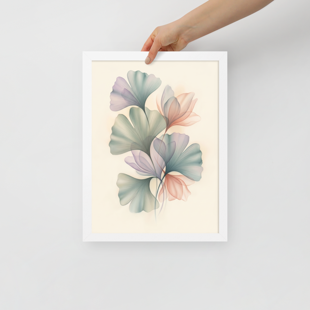 'Ethereal Ginkgo Whispers' — a Abstract art print. An elegant, translucent Airbrush illustration of ginkgo leaves overlapping in soft pastel colors, perfect for a peaceful Bedroom.