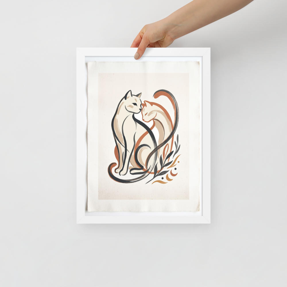 'Feline Affection' — a Minimalism,Abstract art print. A minimalist vector illustration of two cats intertwining lovingly in warm tones of cream, burnt orange, and dark charcoal, accompanied by simple botanical leaf motifs. Ideal for a cozy Nursery or Living Room.