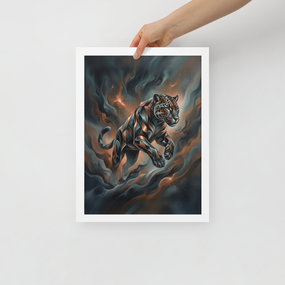 'Phantom Leap' — a Digital art print. A sleek, geometric panther leaping through dark teal and brown smoke in a modern digital art style, ideal for a living room.