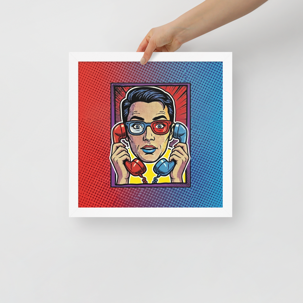 'Bipartisan Static' — a Pop art print. A pop art illustration of a confused woman wearing red and blue 3D glasses, holding a red telephone receiver to one ear and a blue one to the other, set against a red and blue halftone gradient, ideal for a Living Room.