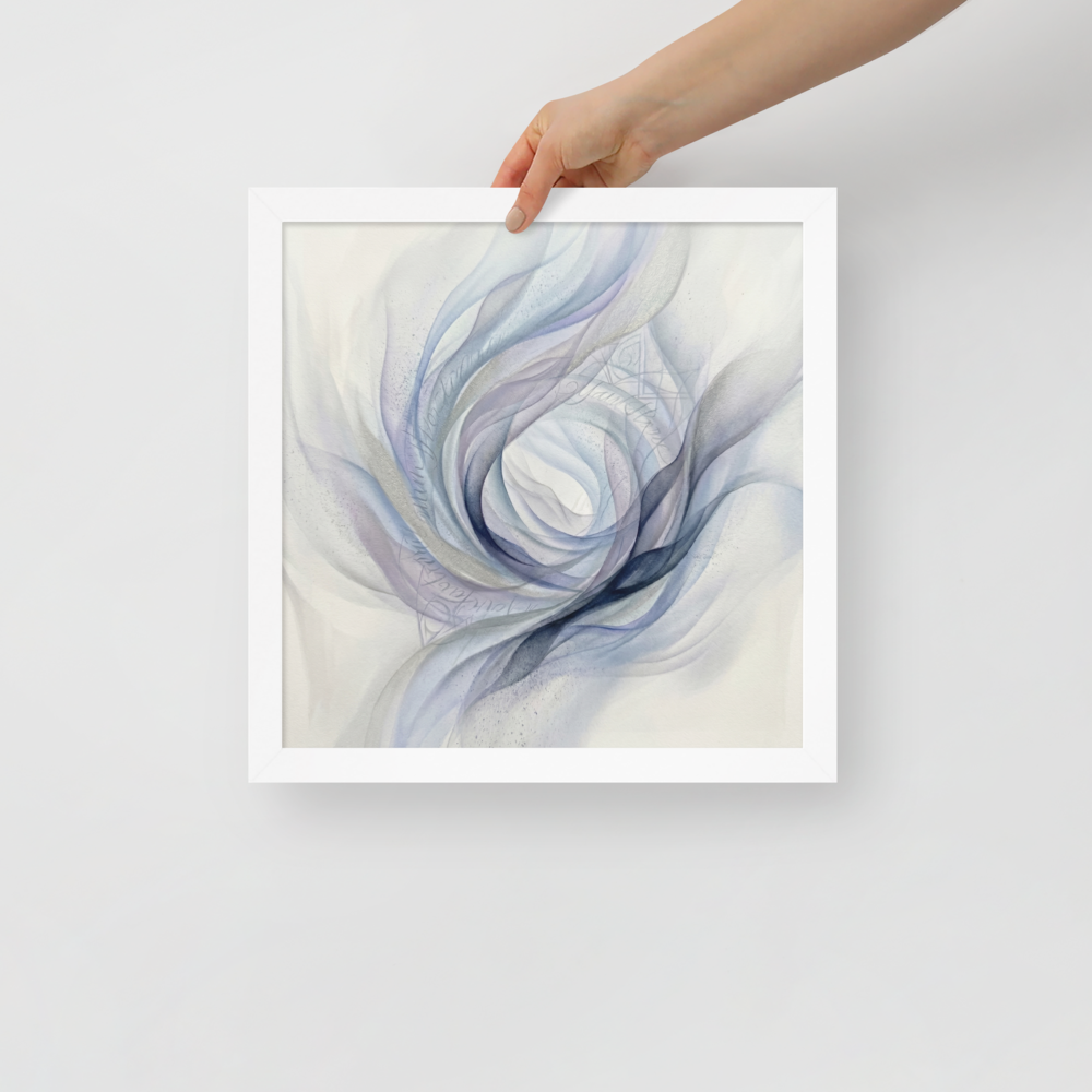 'Ethereal Whispers in the Vortex' — a Abstract art print. An abstract painting featuring swirling smoky ribbons of lavender, grey, and deep blue circling a bright white center, with faint cursive writing and patterns in the background.