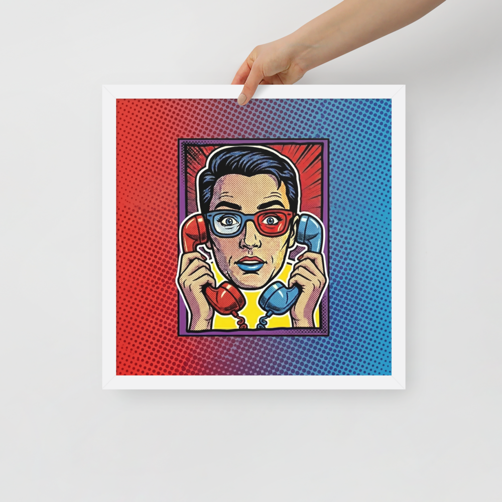 'Bipartisan Static' — a Pop art print. A pop art illustration of a confused woman wearing red and blue 3D glasses, holding a red telephone receiver to one ear and a blue one to the other, set against a red and blue halftone gradient, ideal for a Living Room.