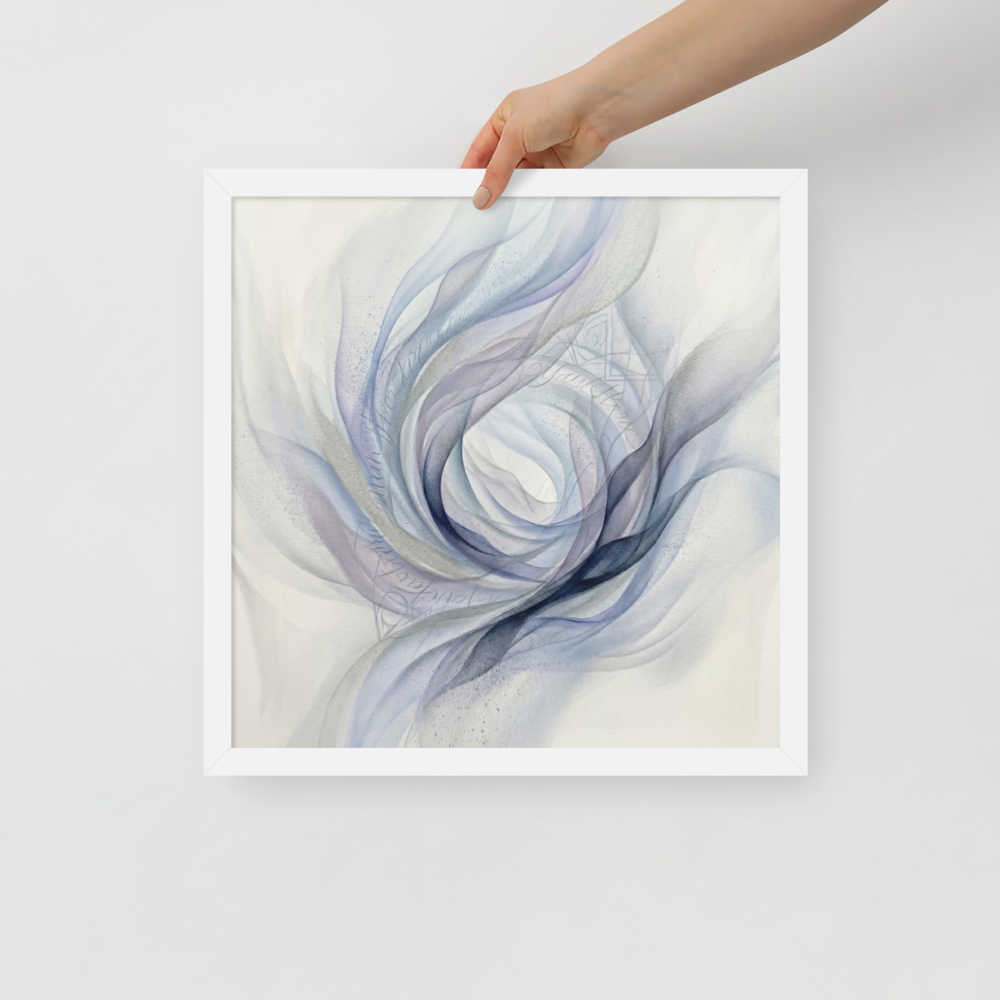 'Ethereal Whispers in the Vortex' — a Abstract art print. An abstract painting featuring swirling smoky ribbons of lavender, grey, and deep blue circling a bright white center, with faint cursive writing and patterns in the background.
