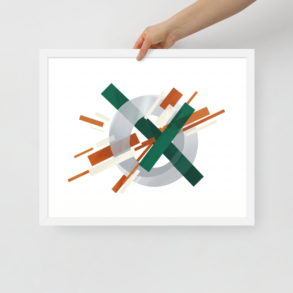 'Intersecting Perspectives' — a Suprematism print. An abstract painting of intersecting green and brown rectangular bars laid over a translucent gray circle, ideal for a modern Office.