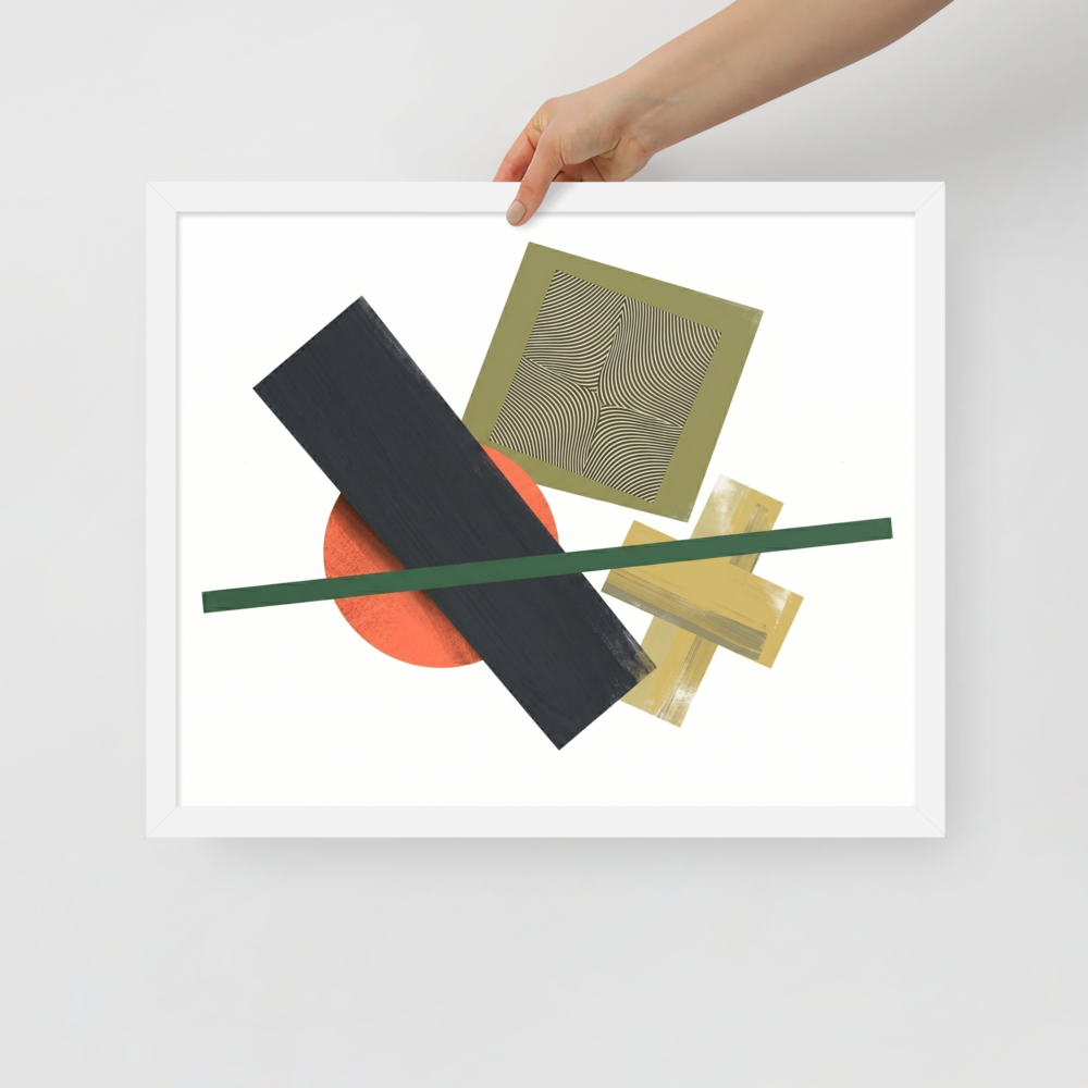 'The Geometry of Sound' — a Suprematism print. An abstract painting featuring a black rectangle, an orange circle, a green diagonal line, and a square with wavy lines, a unique focal point for a Studio.
