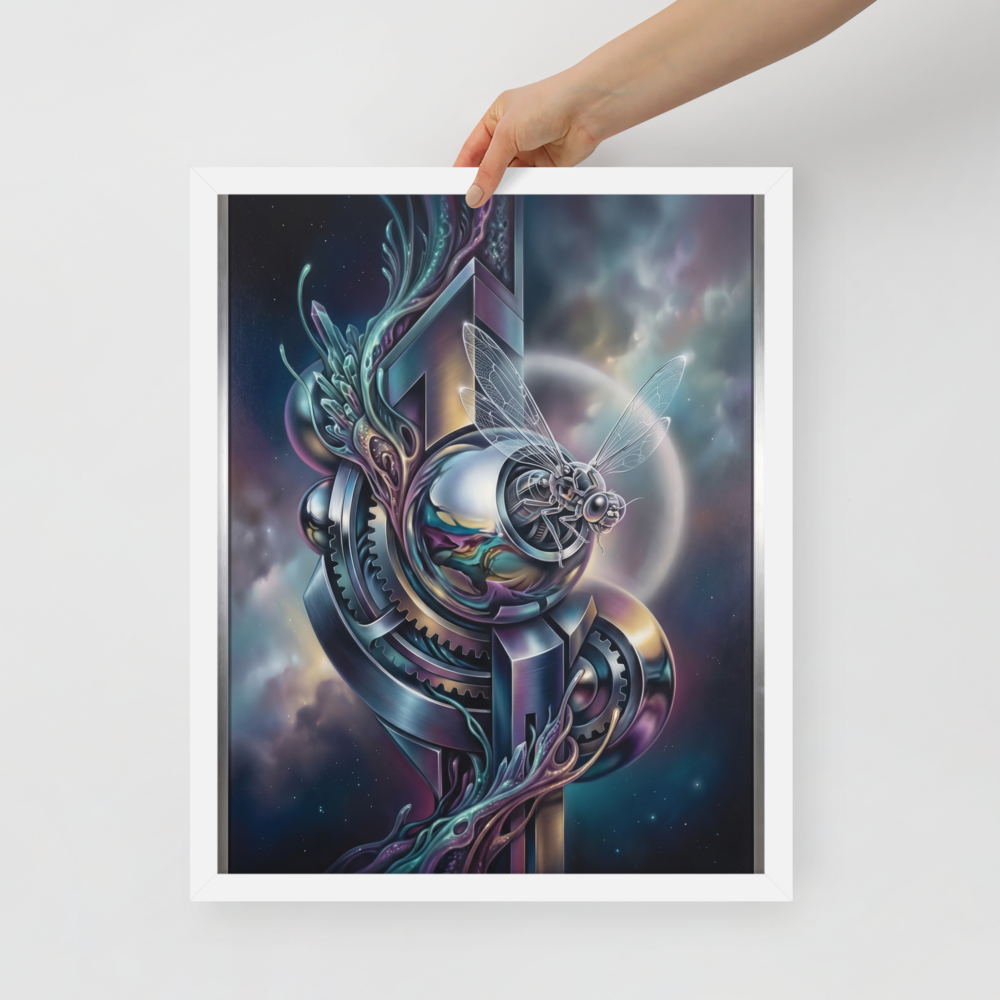 'The Clockwork Aviator' — a Surrealism print. A detailed mechanical insect with translucent wings perched on complex metallic gears floating in a colorful starry sky, an ideal piece for an Office.