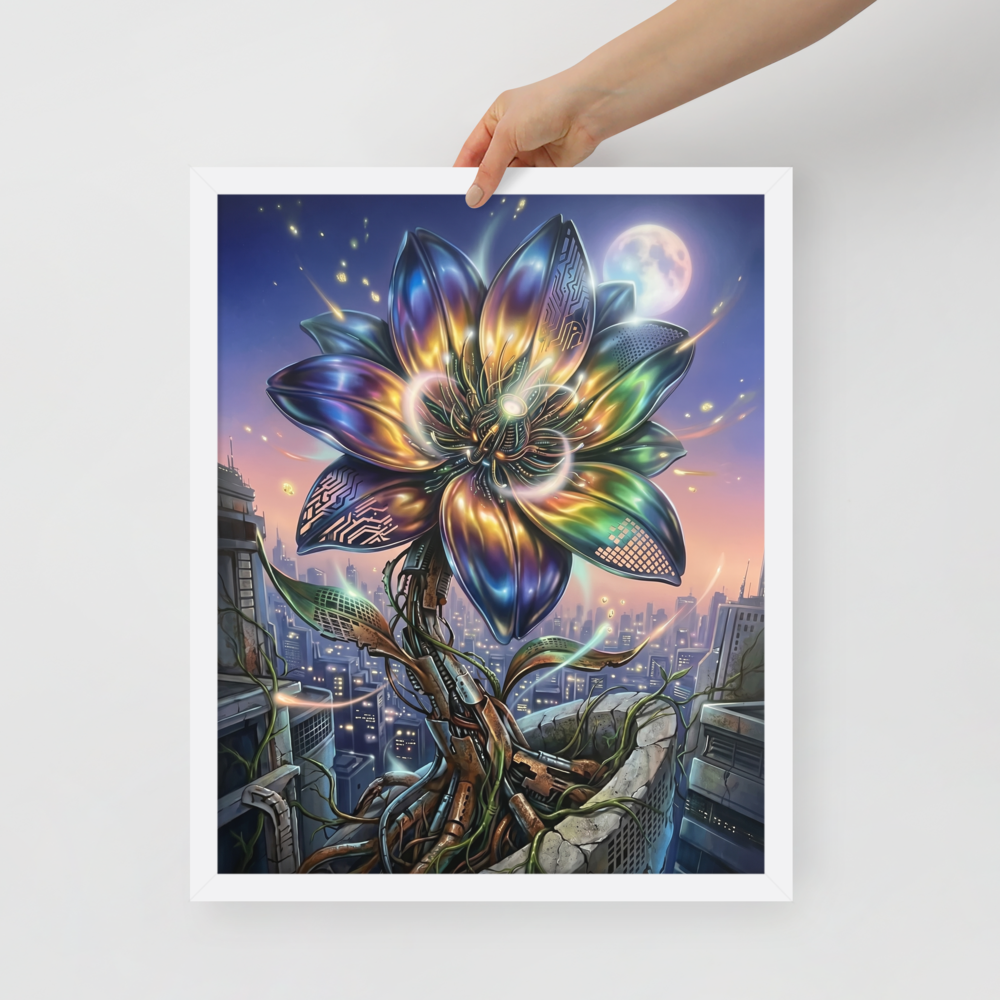 'Cybernetic Bloom' — a Digital art print. A large, glowing cybernetic flower with metallic petals and circuitry blooming out of concrete ruins in a futuristic city, perfect for a Game Room.