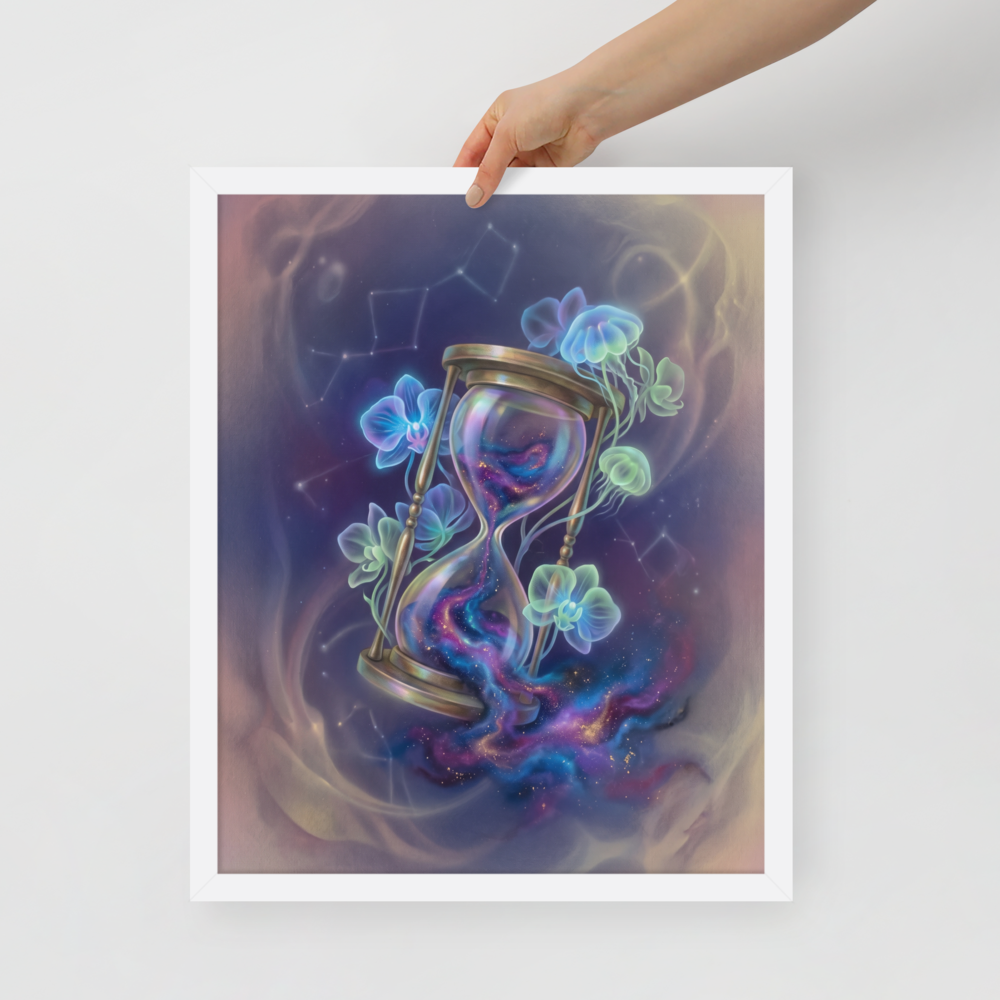 'Sands of the Nebula' — a Magic realism print. A magical brass hourglass filled with a swirling galaxy, surrounded by glowing orchids and jellyfish in a starry sky, ideal for a Bedroom.