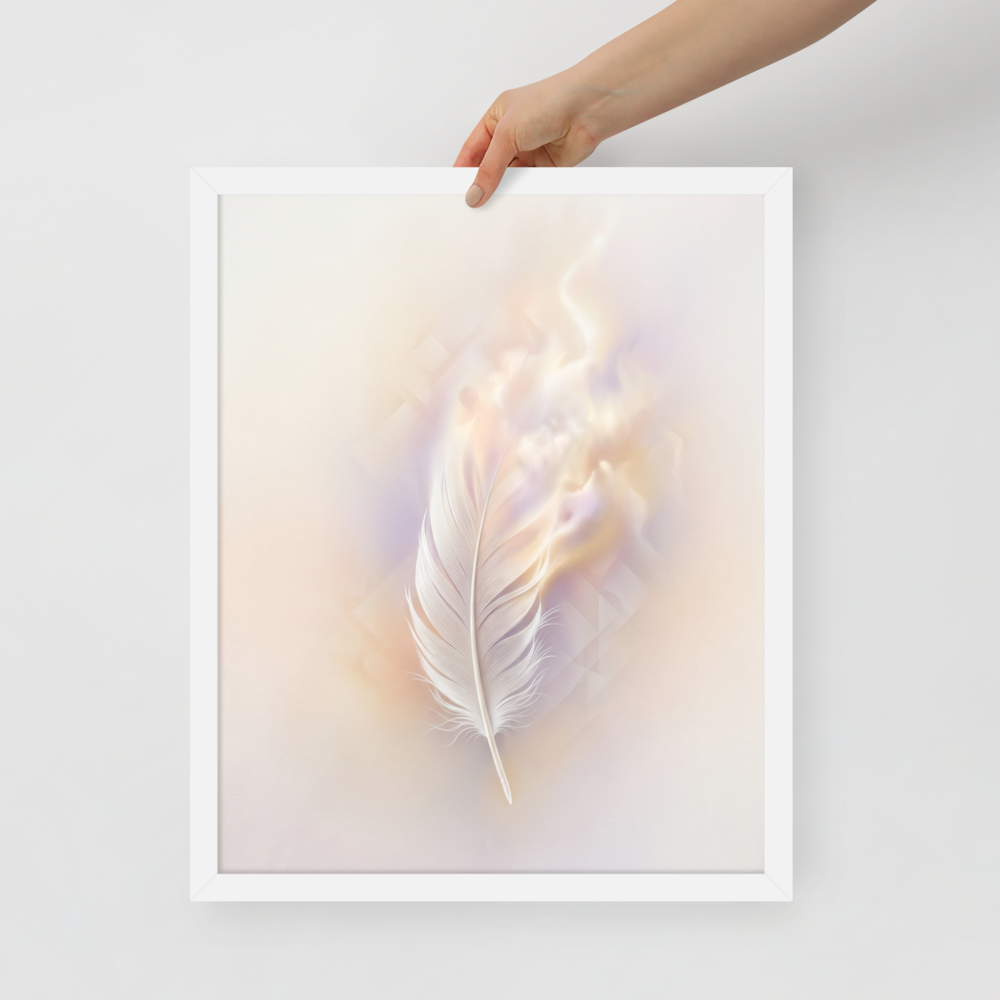 'Ethereal Plume' — a Abstract art print. A single white feather seemingly floating against a soft, luminous background of pastel orange and purple with faint geometric patterns, perfect for a peaceful bedroom.