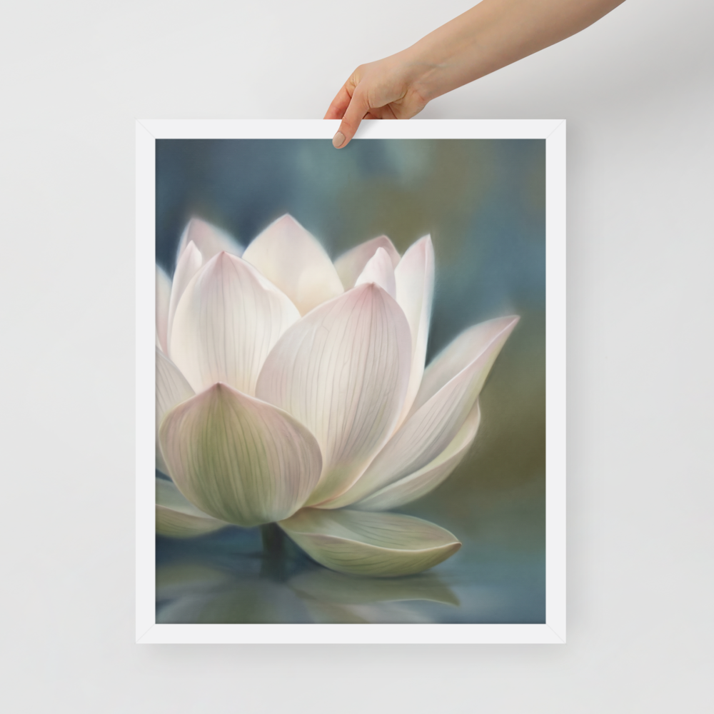 'Serene Lotus Reflection' — a Realism print. A soft, close-up painting of a pale pink and white lotus flower floating on calm, muted blue water, reflecting gently on the surface, suitable for a calm bathroom or living room.
